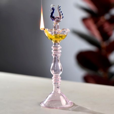 Borosilicate Pink Glass Oil Lamp with Peacock Figurine